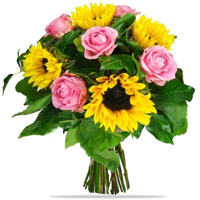 Sonnenblumen und rosa Rosen
